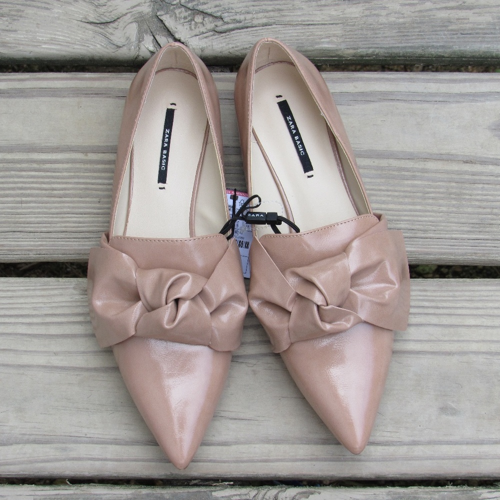 Zara Basic Tan Slip On Flats with Bow Detail NWT